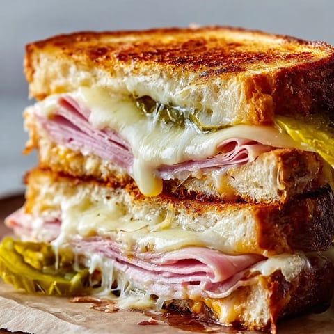 A grilled cheese sandwich with meat and cheese.