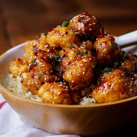 A bowl of cauliflower with sriracha rice.