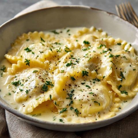 A bowl of pasta with white sauce.