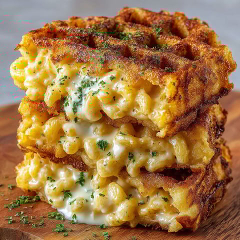 A stack of waffles with mac and cheese on top.