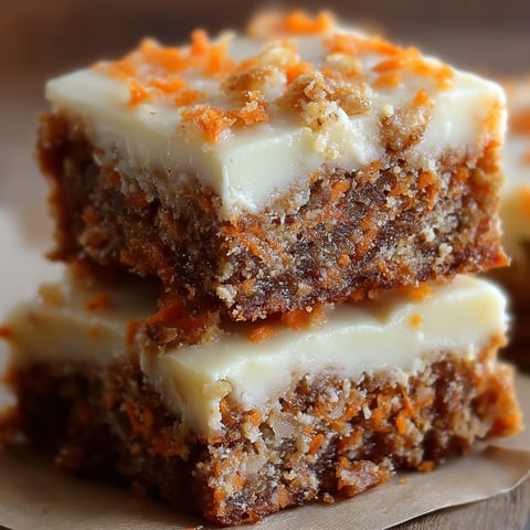 Three layers of carrot cake bars with cream cheese frosting.