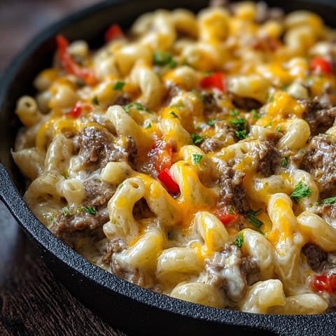 A bowl of macaroni and cheese with meat and peppers.
