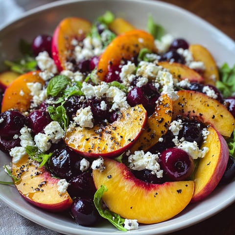A bowl of fruit salad with blueberries, peaches, and feta cheese.
