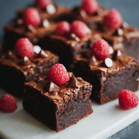 A plate of chocolate brownies with raspberries on top.