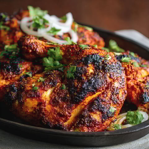 A plate of tandoori chicken with onions and green peppers.