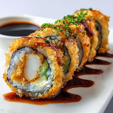 A crispy chicken tempura roll with sauce.