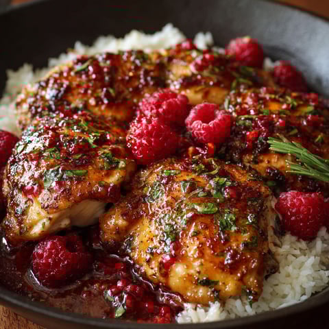 A bowl of chicken with raspberries and jalapeños.