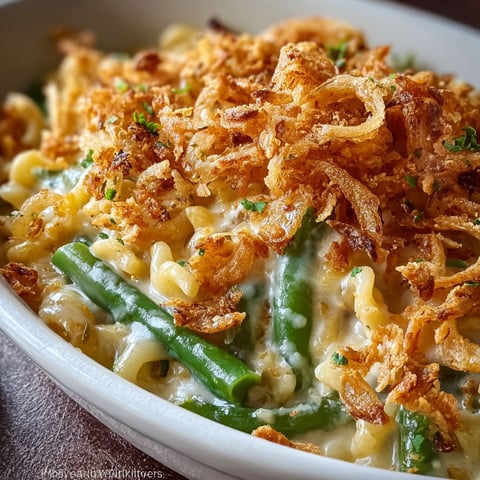 A bowl of mac and cheese with green beans on top.