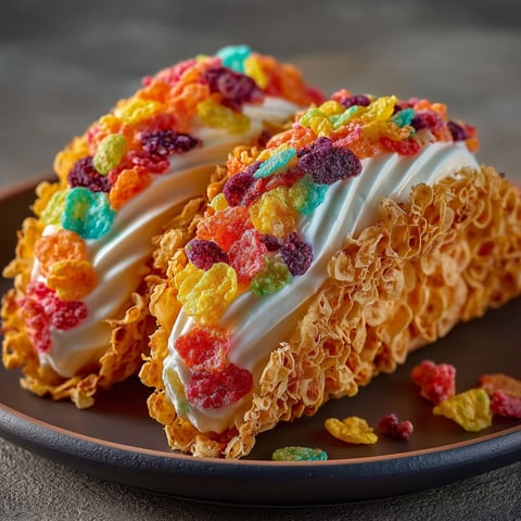 A plate with a dessert that looks like a Fruity Pebbles cereal taco.
