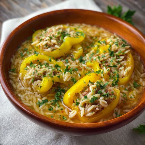 A bowl of soup with banana peppers and rice.
