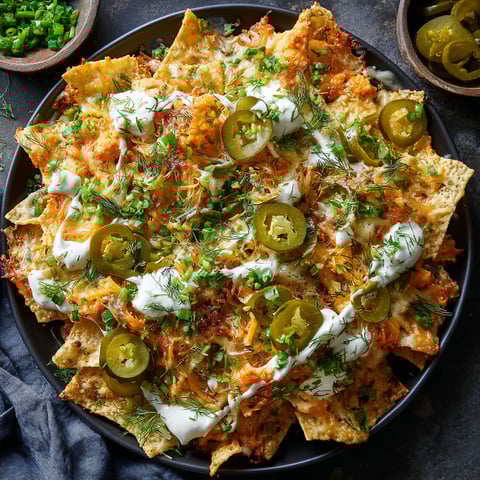 A plate of nachos with white cheese and dill pickles.