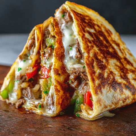 A Philly Cheesesteak Quesadilla is shown with a slice missing.