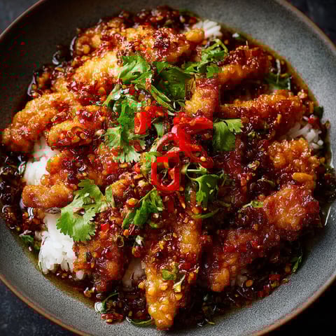 A bowl of Dragon Chicken with rice.