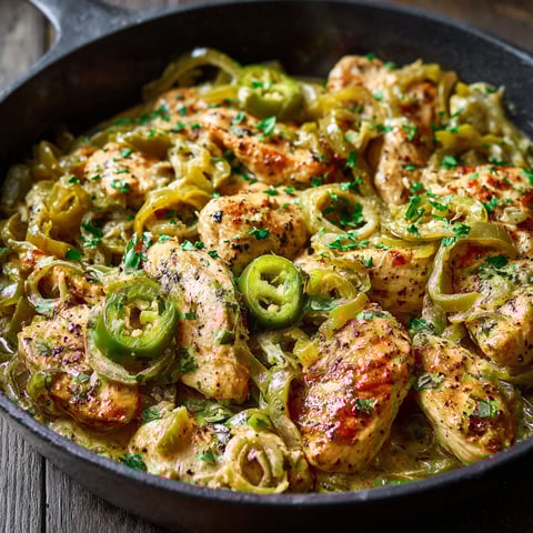 A skillet of chicken with peppers and onions.
