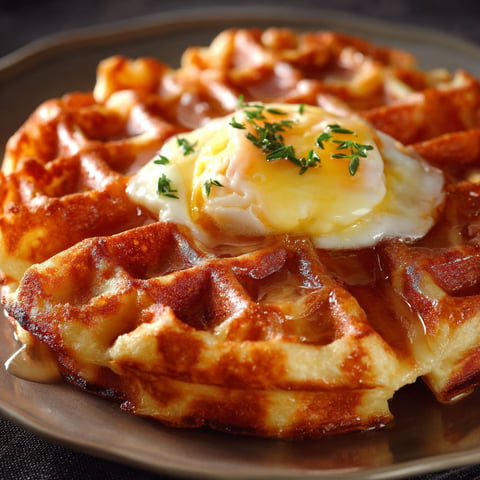 A plate of croque madame waffles with a fried egg on top.
