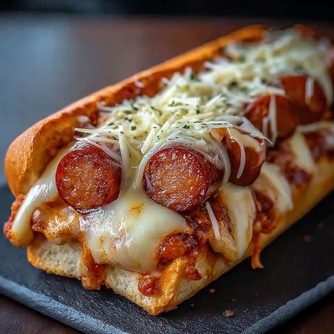 A cheese dog pizza sandwich is on a black plate.