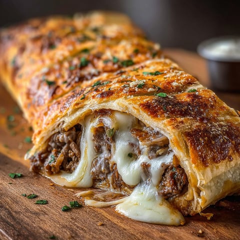 A mouthwatering mozzarella cheese steak stromboli recipe.