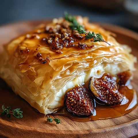 A baked brie in puff pastry with honey and fig.
