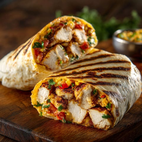A burrito with chicken and vegetables.