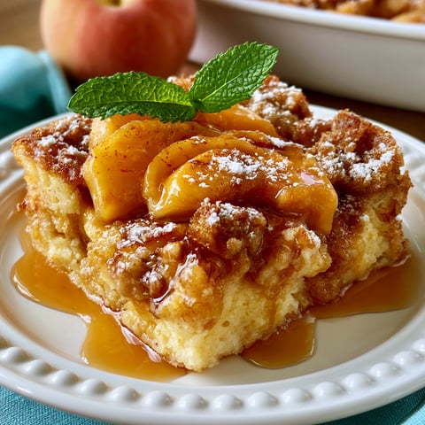 A plate of French toast with peaches on top.