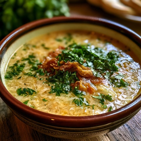 A bowl of soup with green herbs on top.