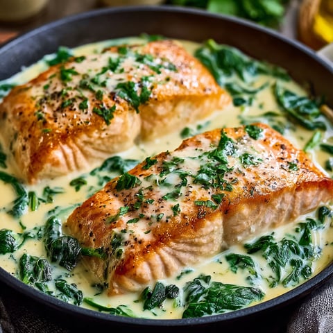 A delicious creamy spinach salmon ready in 26 minutes.