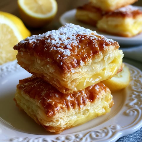 Three stacked lemon puff pastry bites.
