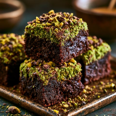 A stack of brownies with pistachio toppings.