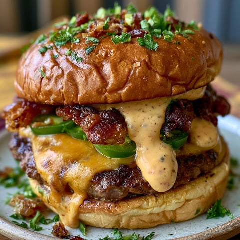 A close up of a burger with bacon and jalapenos.