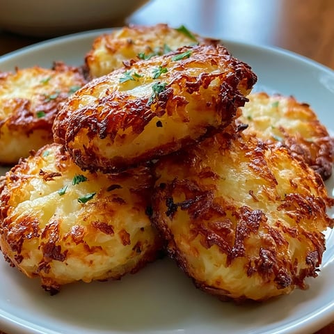 Golden potato pancakes on a white plate.