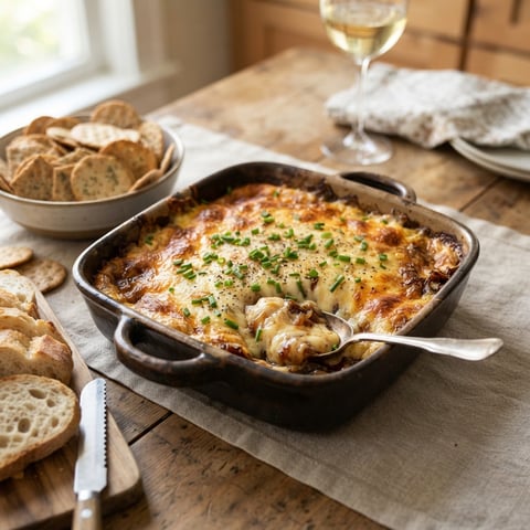 A delicious smoked gouda and caramelized onion dip served in a bowl.