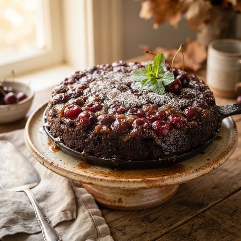 A delicious chocolate cherry upside down cake.