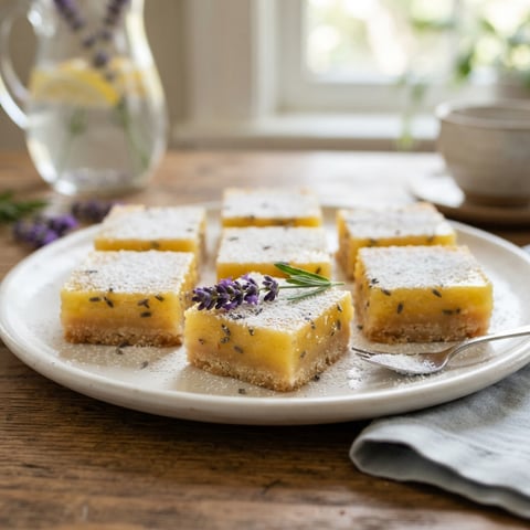 A plate of lemon bars with lavender sprinkled on top.
