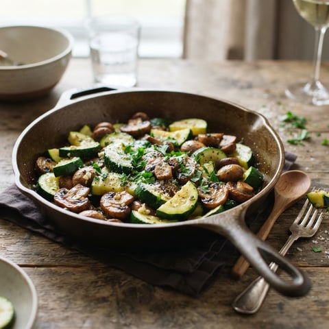 A skillet with zucchini and mushrooms.