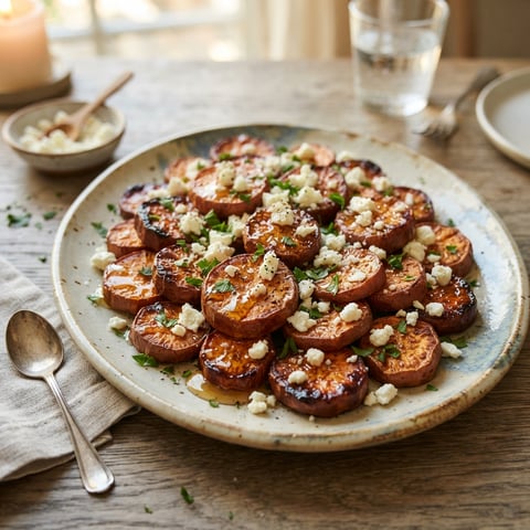 A plate of roasted sweet potatoes with honey and feta cheese.