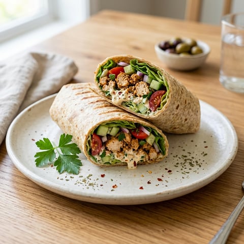 A Mediterranean Chicken Wrap with Spicy Feta Cream.