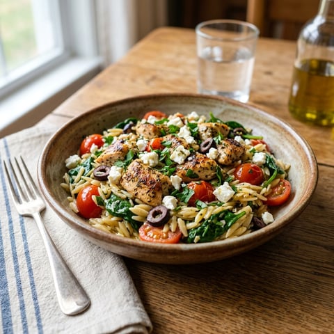 A bowl of chicken orzo with tomatoes and spinach.