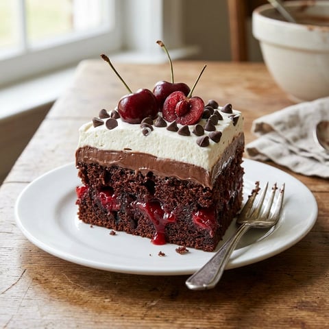 A slice of cherry chocolate chip poke cake.