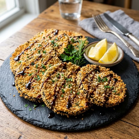 Crispy garlic herb crusted eggplant slices.