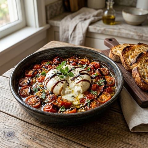 A bowl of baked burrata bliss with roasted tomatoes and garlic delight.