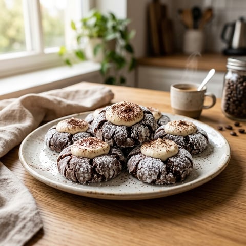 A plate of Tiramisu Crinkle Cookies.