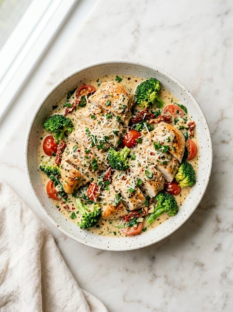 A bowl of chicken with tomatoes and broccoli.