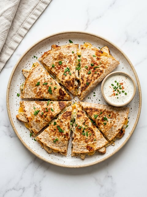 A quesadilla with chicken and ranch sauce.