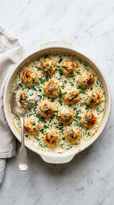 A bowl of meatballs in a creamy sauce.