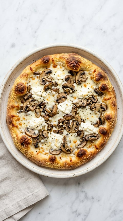 A white mushroom pizza with cheese and mushrooms on top.